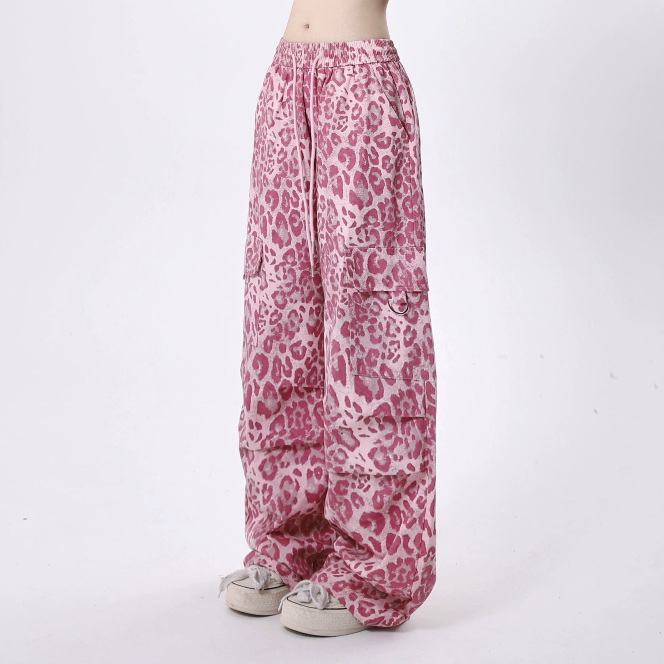 Pink Leopard Print Wide Leg Cargo Pants