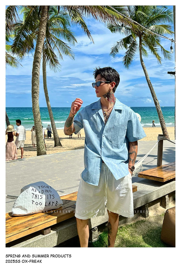 Seersucker Cuban Collar Short-Sleeve Shirt