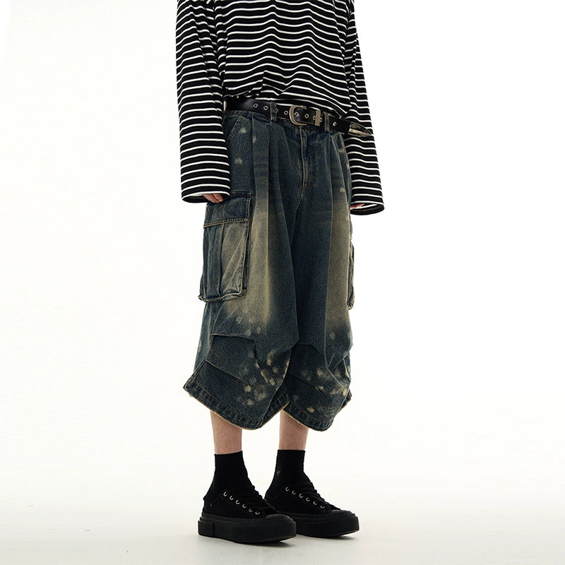 Bleached Wide-Leg Denim Cargo Shorts