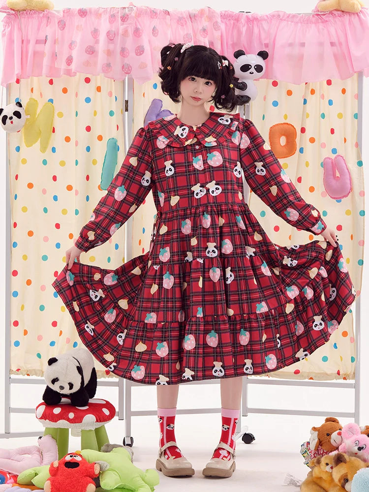 Plaid Panda Print Collared Lolita Dress