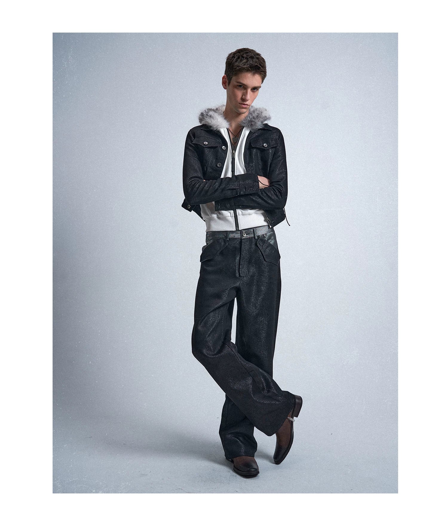 Rudebart Skull Silver‑Yarn Raw Straight Jeans