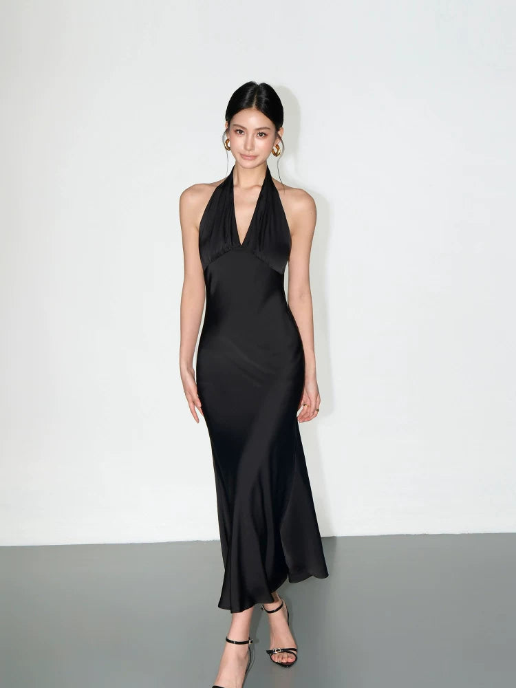 Backless Halter Satin Slip Dress