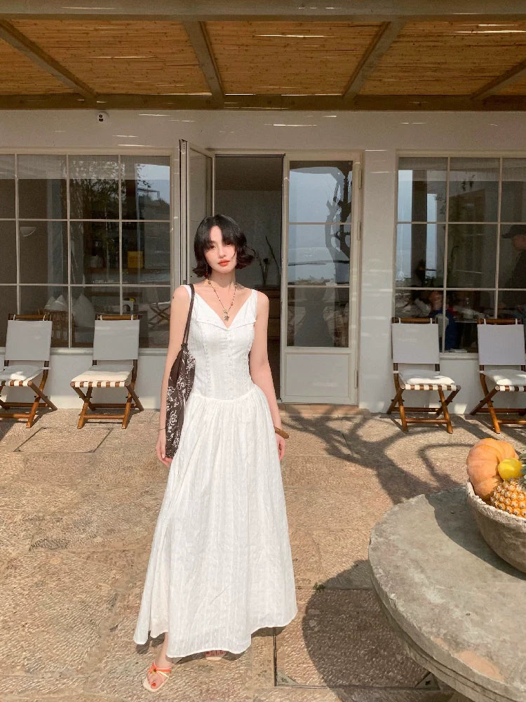 White Vintage V-Neck Maxi Dress