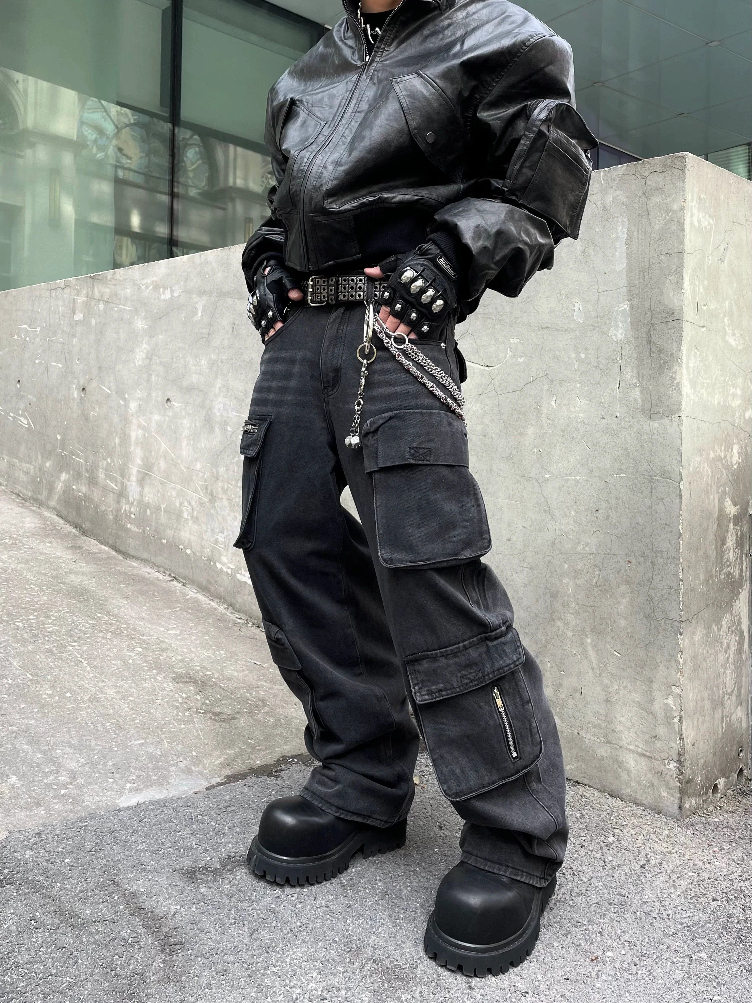 Black Utility Cargo Straight Leg Denim Jeans