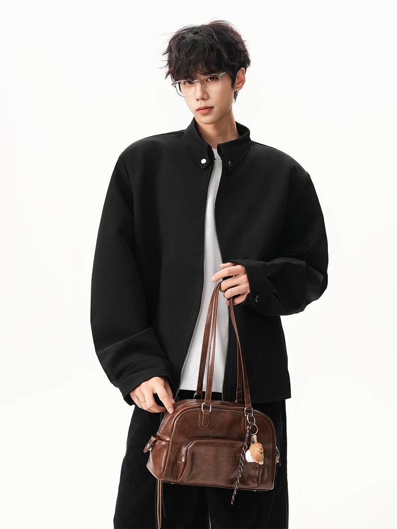 Obsidian Minimal Stand‑Collar Zip Jacket