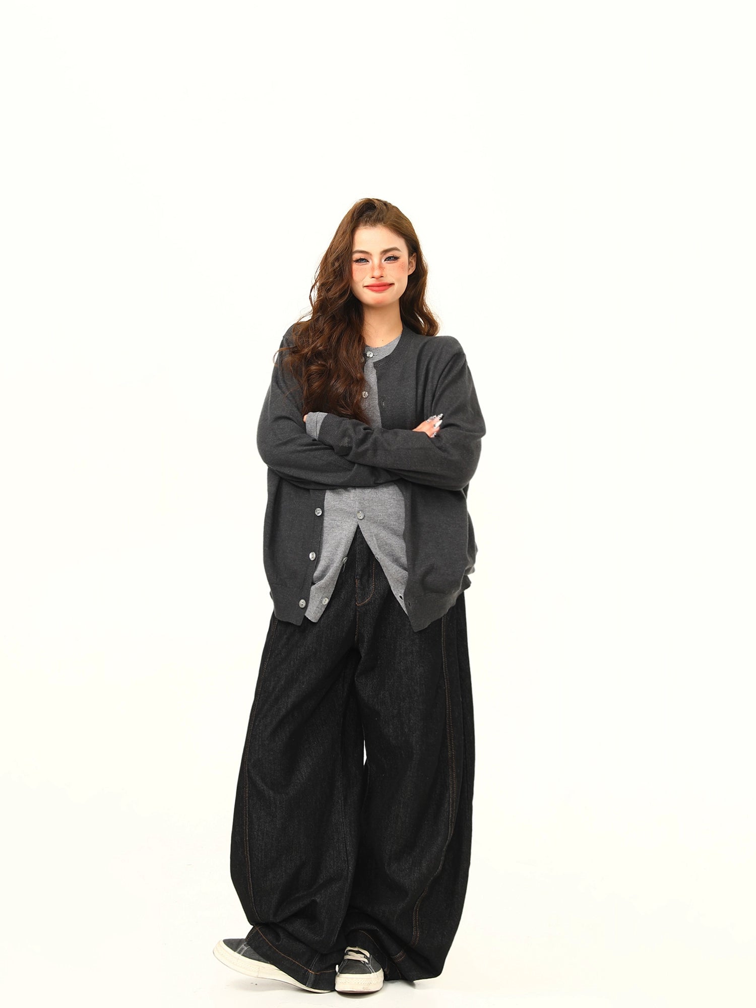 Two-Tone Gray Asymmetric Button Cardigan