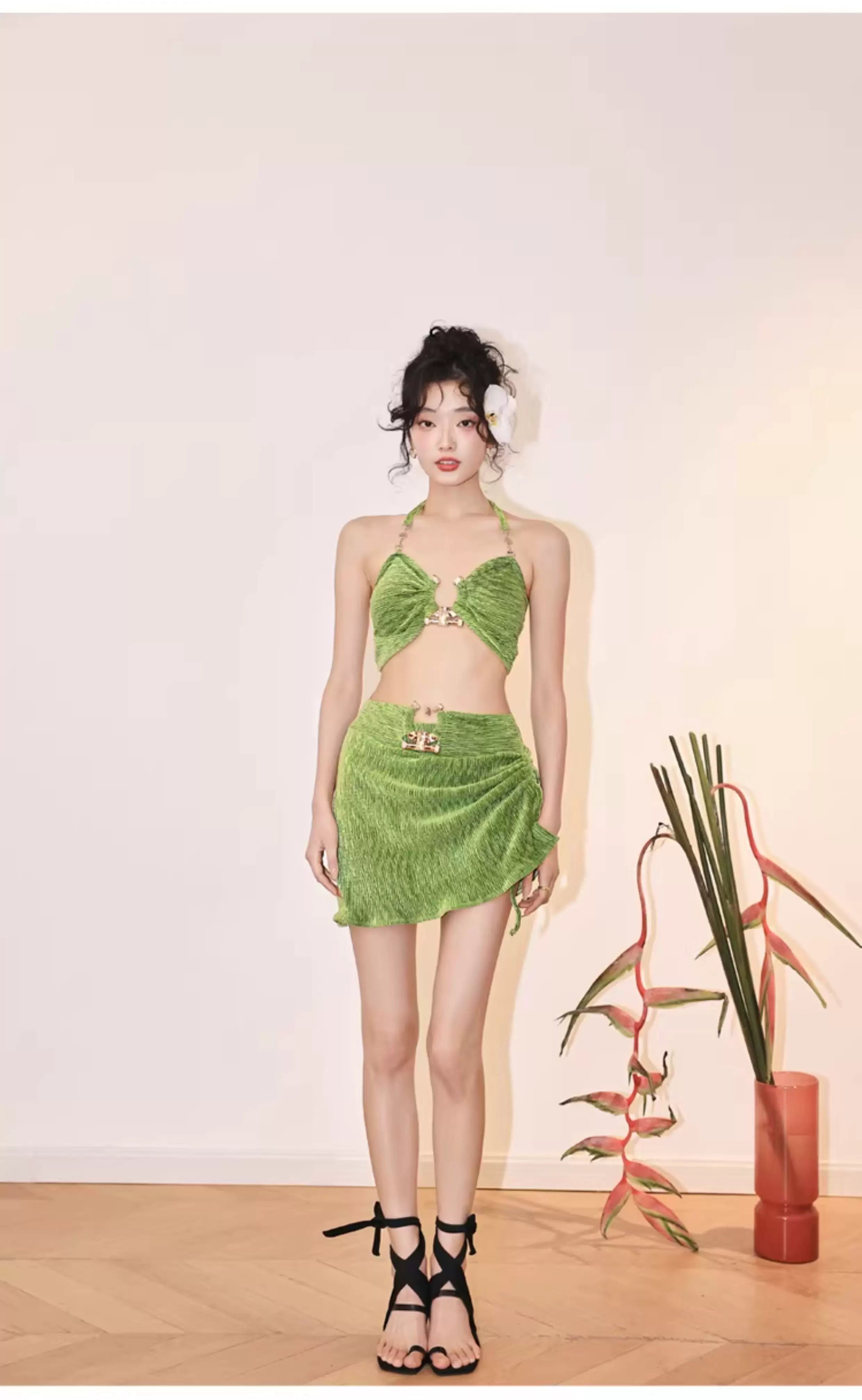 Tropic Gleam Ruched Halter Skirted Bikini Set