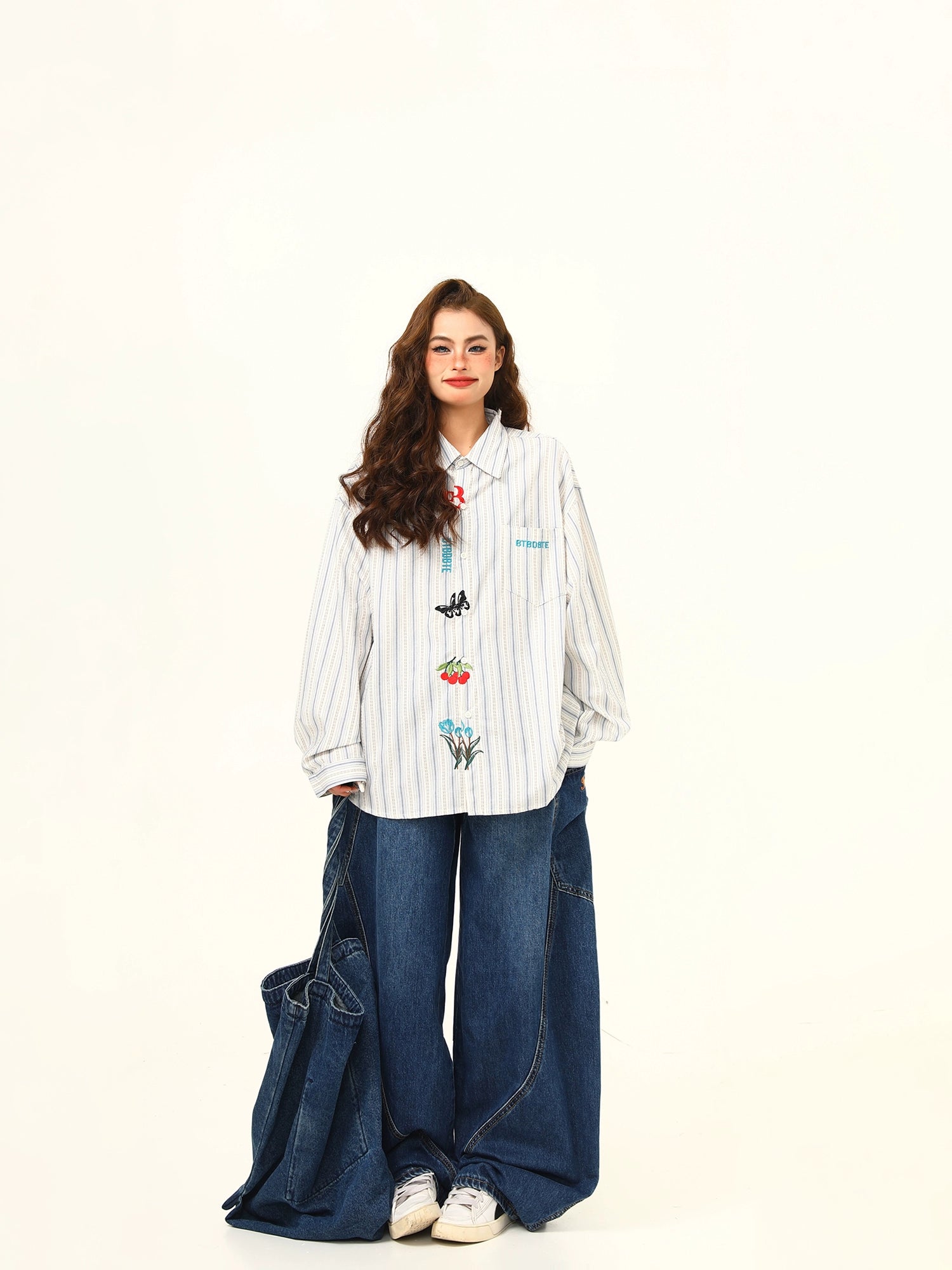 Embroidered Character Oversized Striped Shirt
