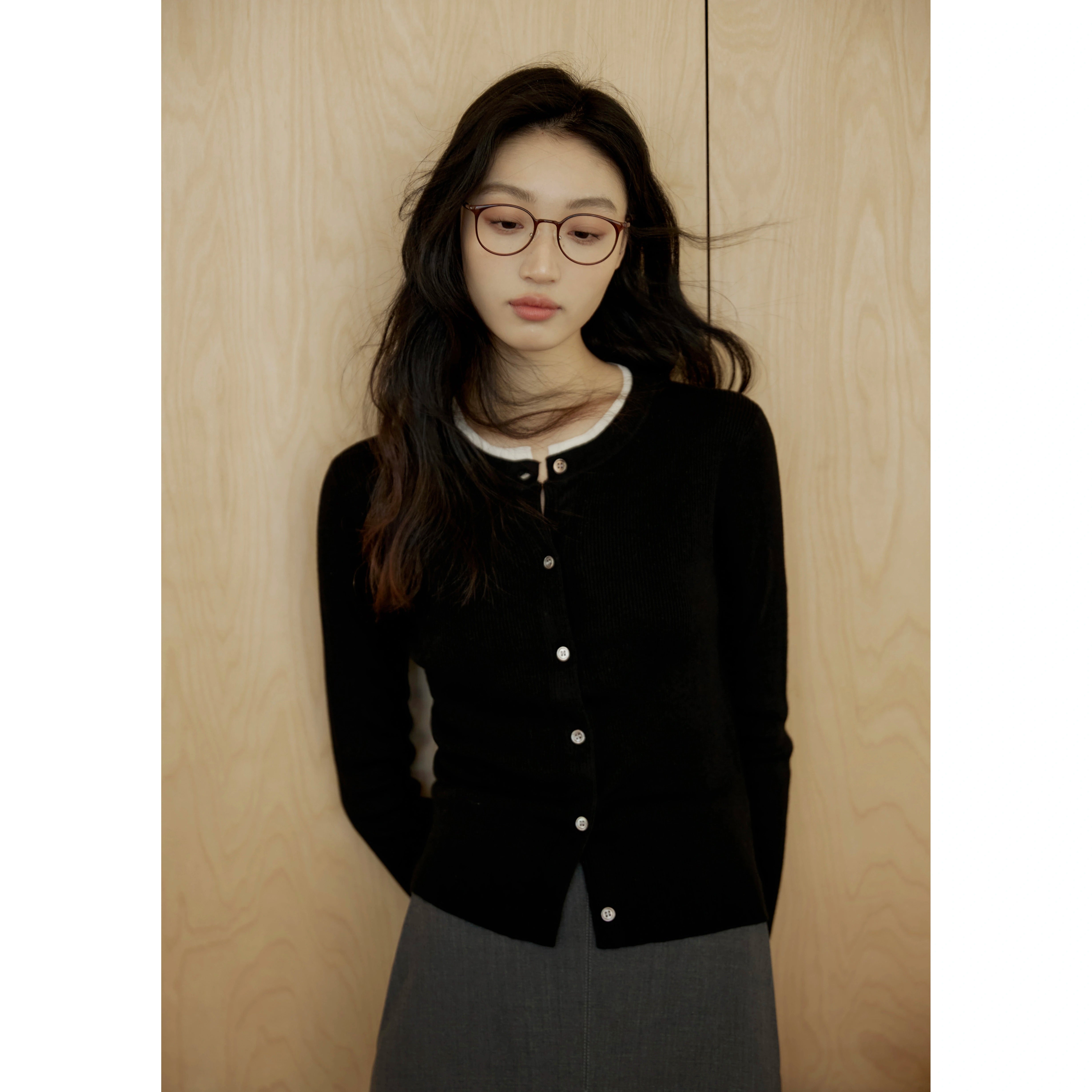 Button-Up Cardigan Sweater with White Inner Layer