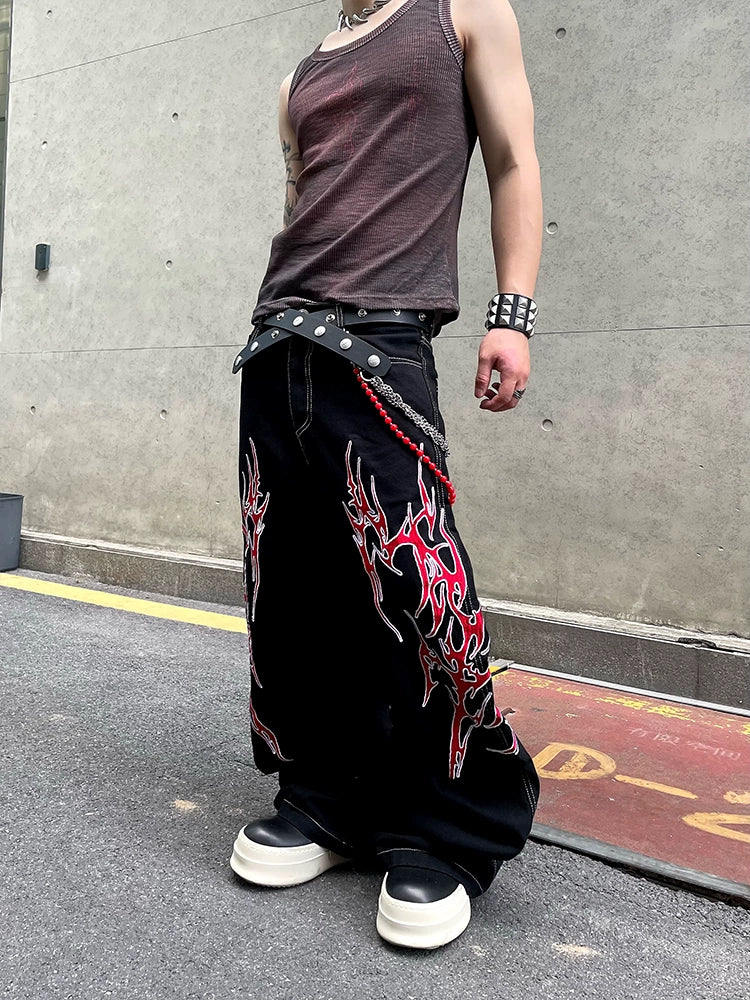 Red Flame Graffiti Wide-Leg Jeans