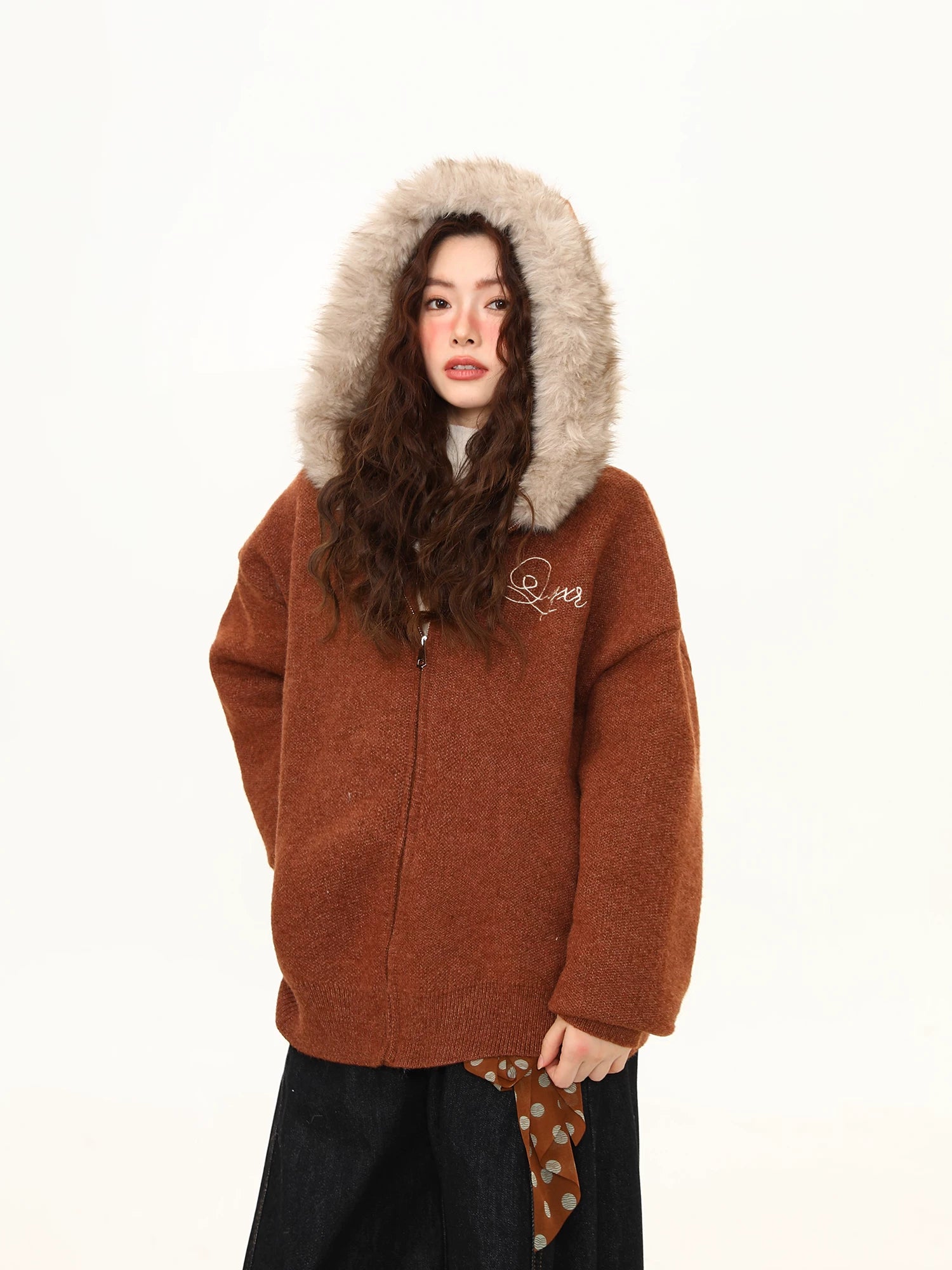 Chestnut Fluff Trim Zip Hoodie Jacket