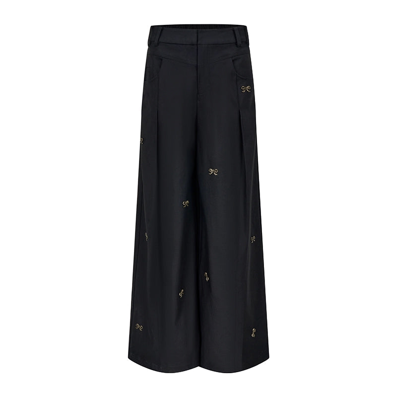 Embroidered Embellished Wide-Leg Trousers