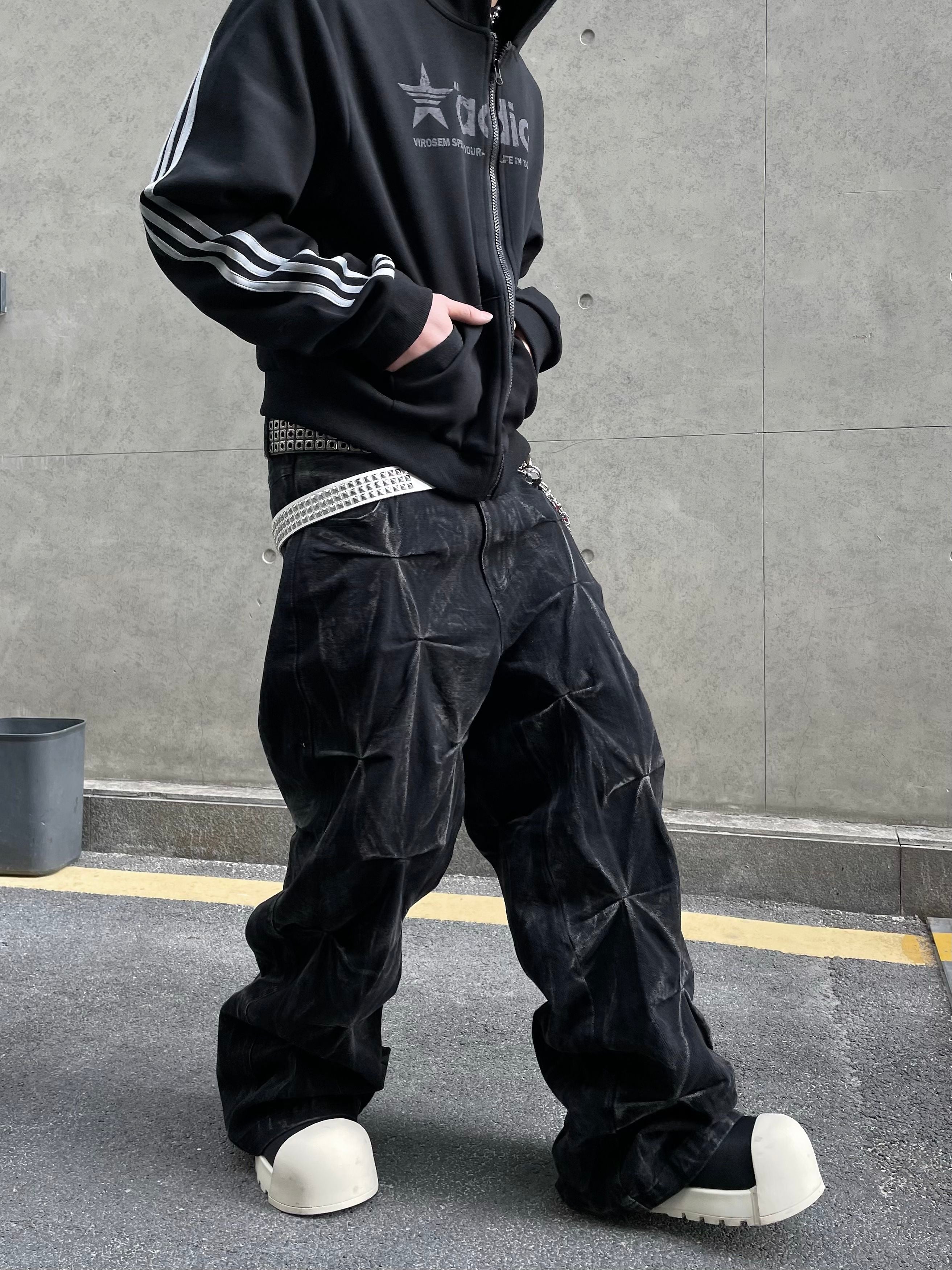 3D Geometric Pleated Wide Leg Jeans