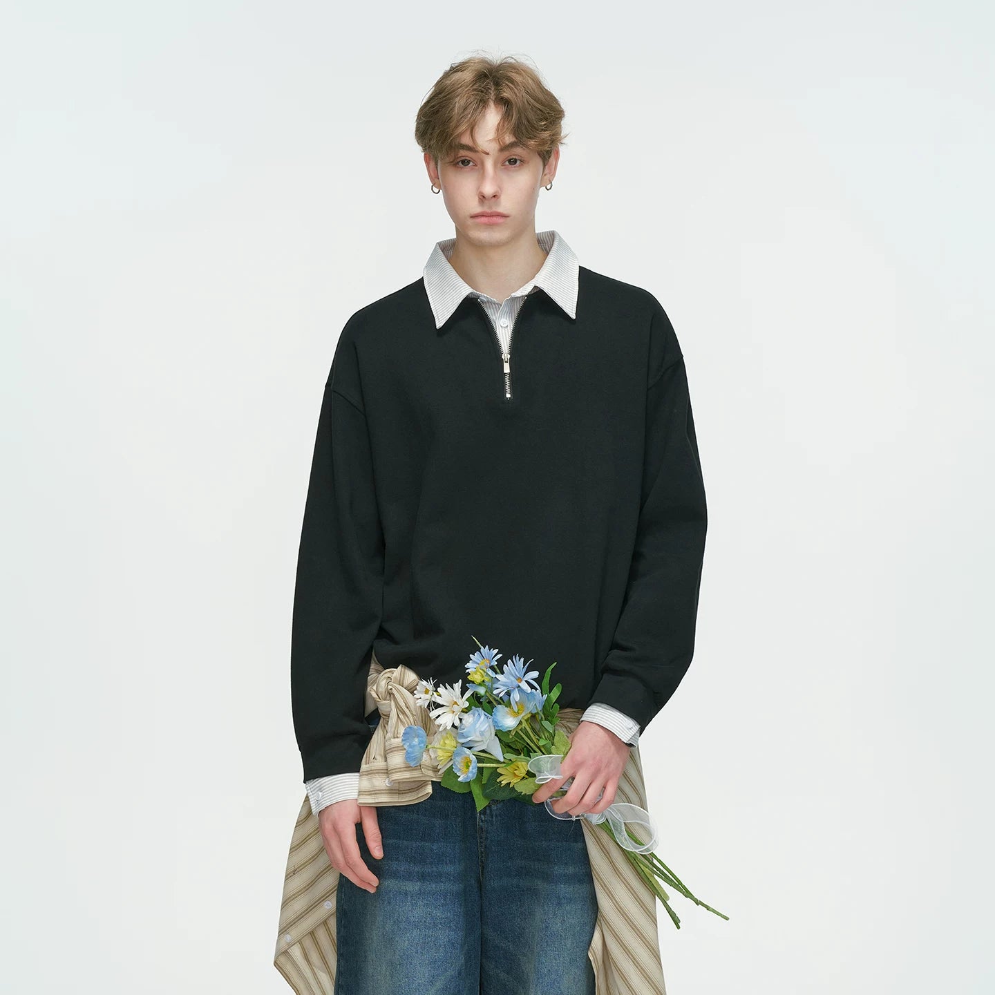 Layered Collar Half‑Zip Knit Pullover