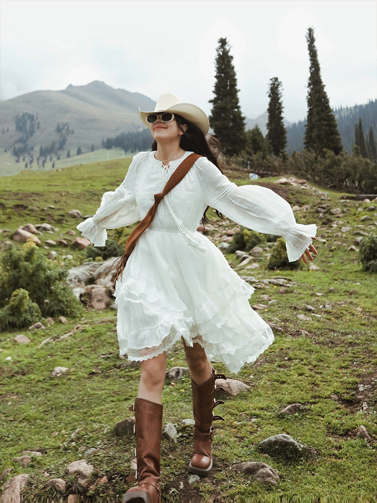 White Ruffle Long Sleeve Dress White (Without Plaid) / L White Ruffle Long Sleeve Dress White (Without Plaid) / L