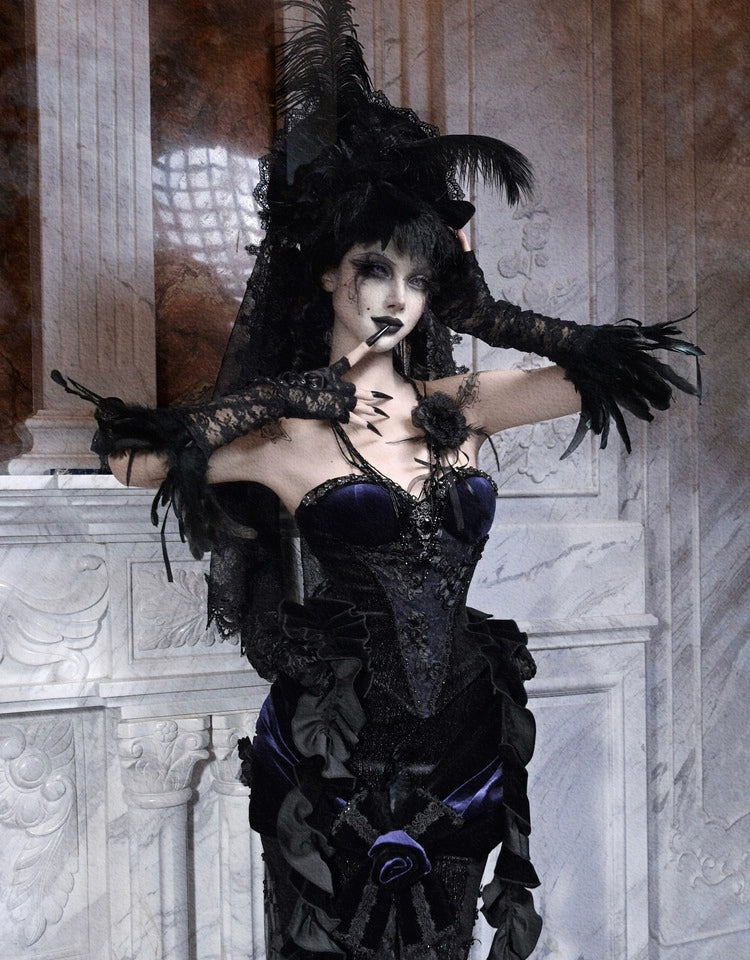 Gothic Midnight Blue Corset with Dramatic Ruffled Hip Details
