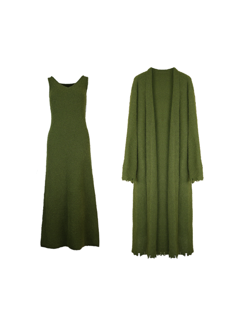 V-Neck Knit Maxi Dress and Long Cardigan Setup