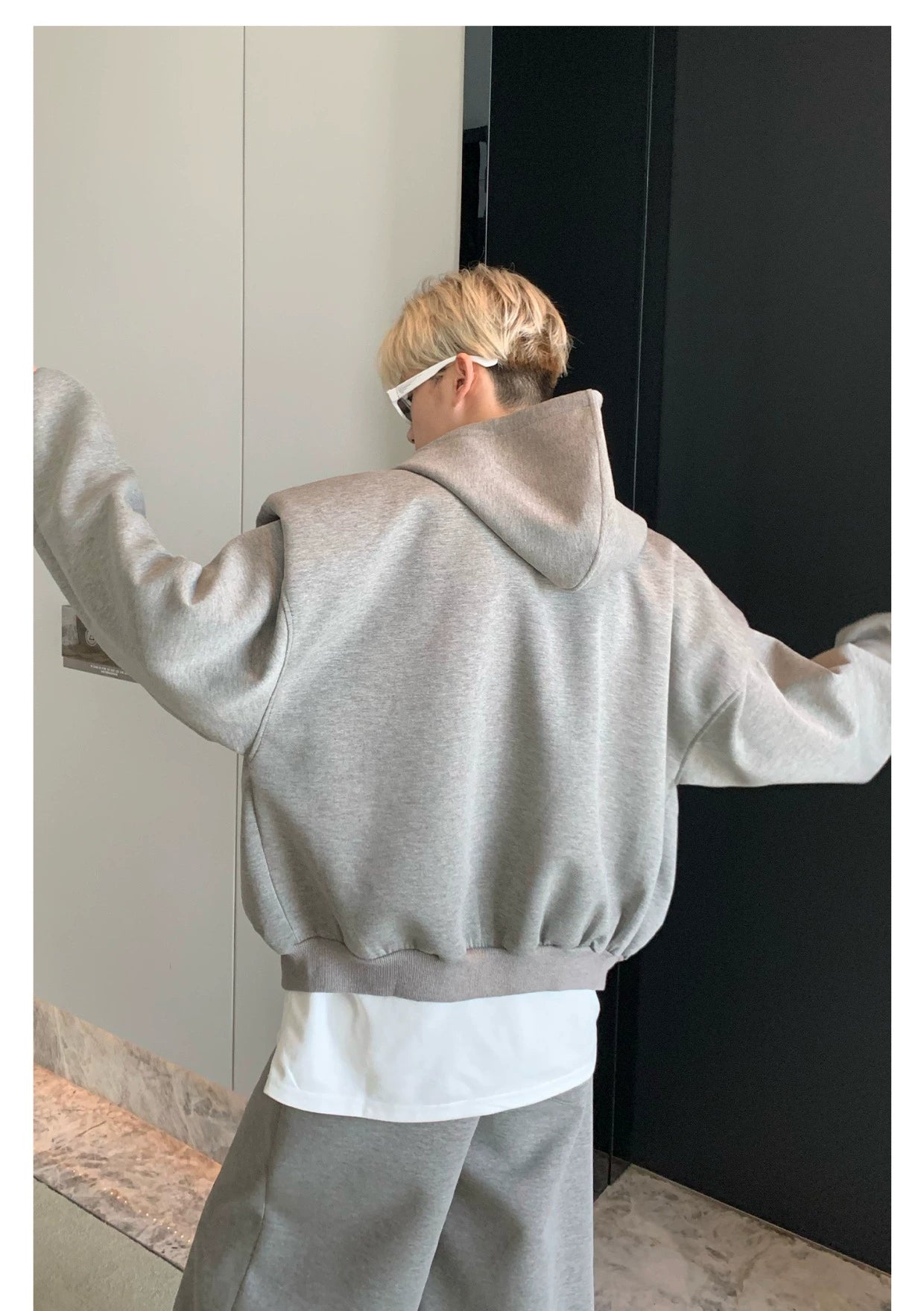 Shoulder-Padded Hoodie Jacket with Straight-Leg Pants Two-Piece Set