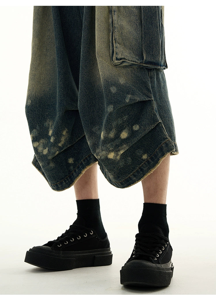 Bleached Wide-Leg Denim Cargo Shorts