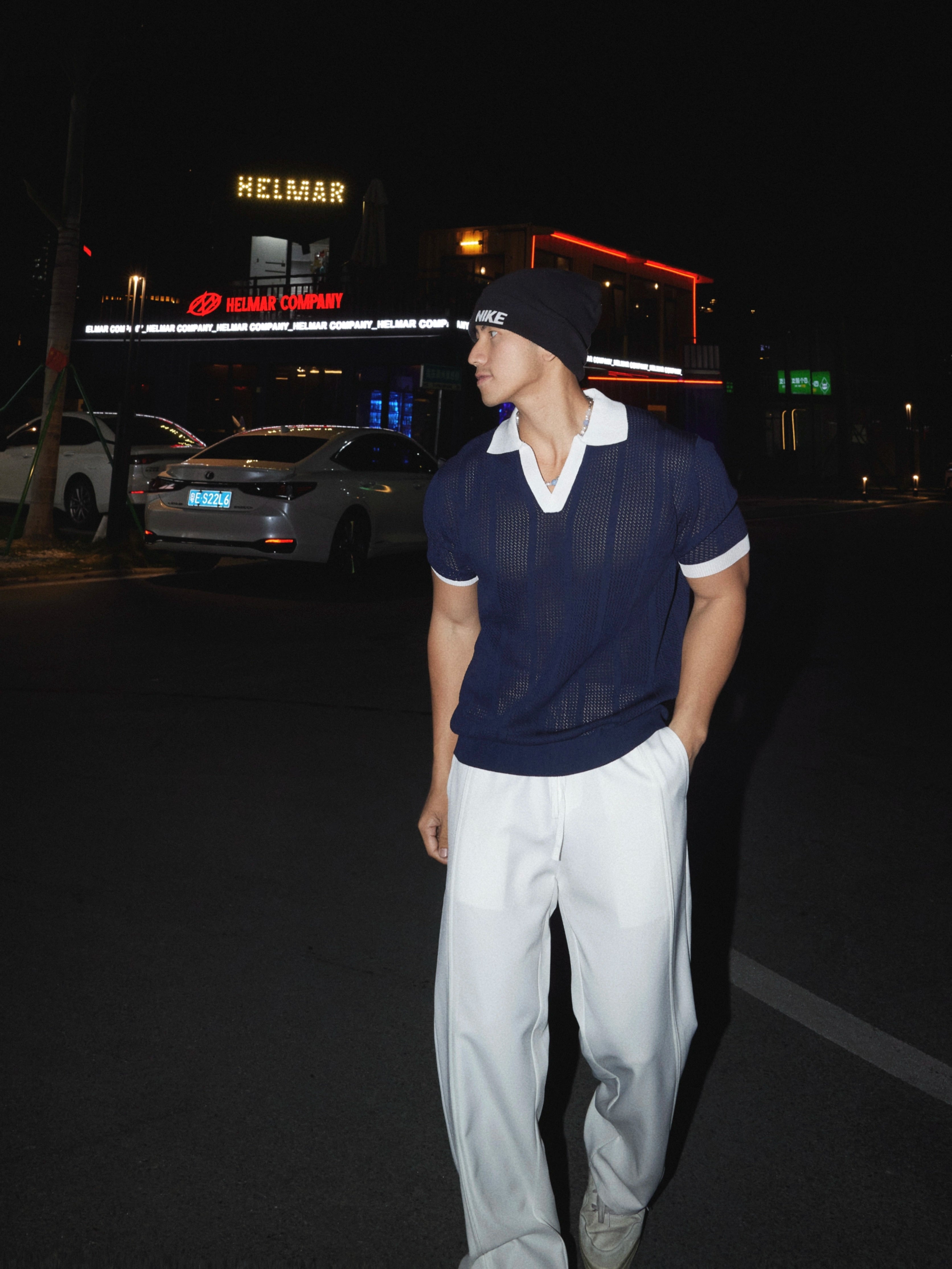Contrast Collar Mesh Knit Polo Shirt