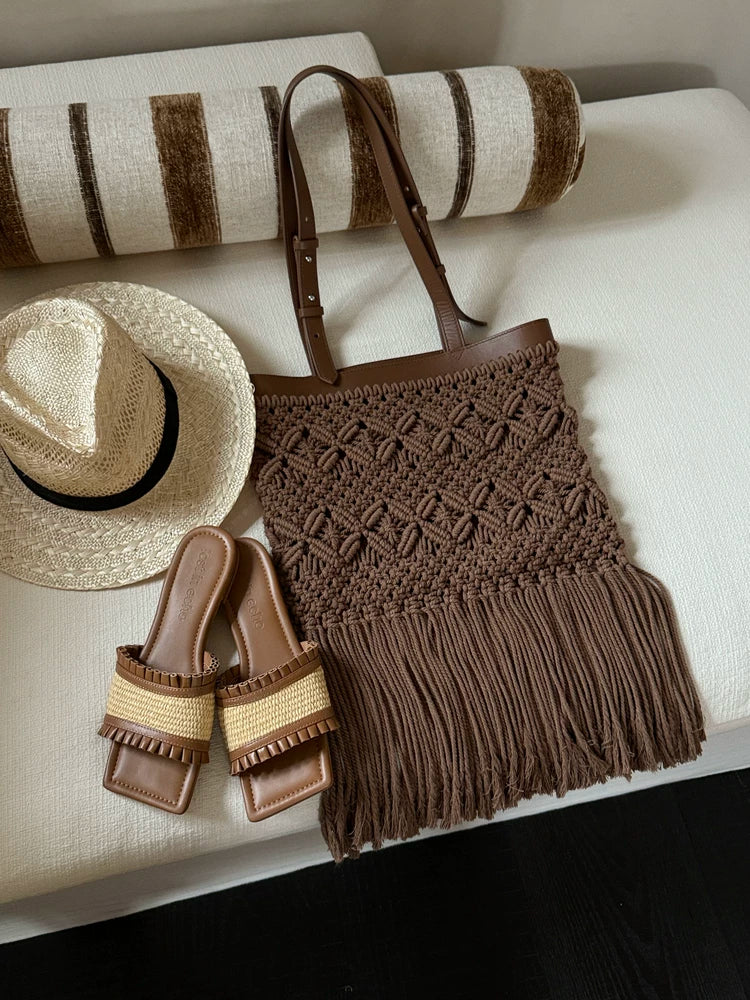 Woven Fringe Openwork Tote Bag - view 3