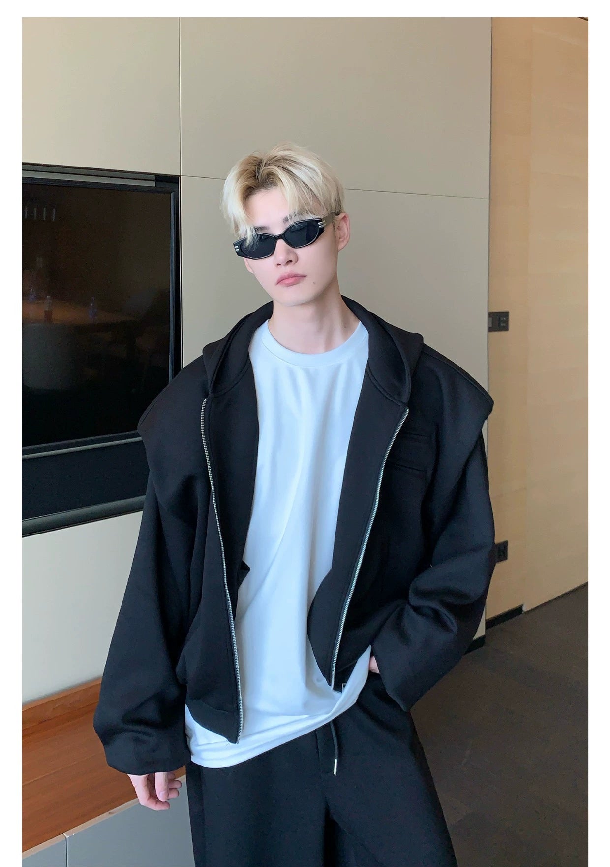 Shoulder-Padded Hoodie Jacket with Straight-Leg Pants Two-Piece Set