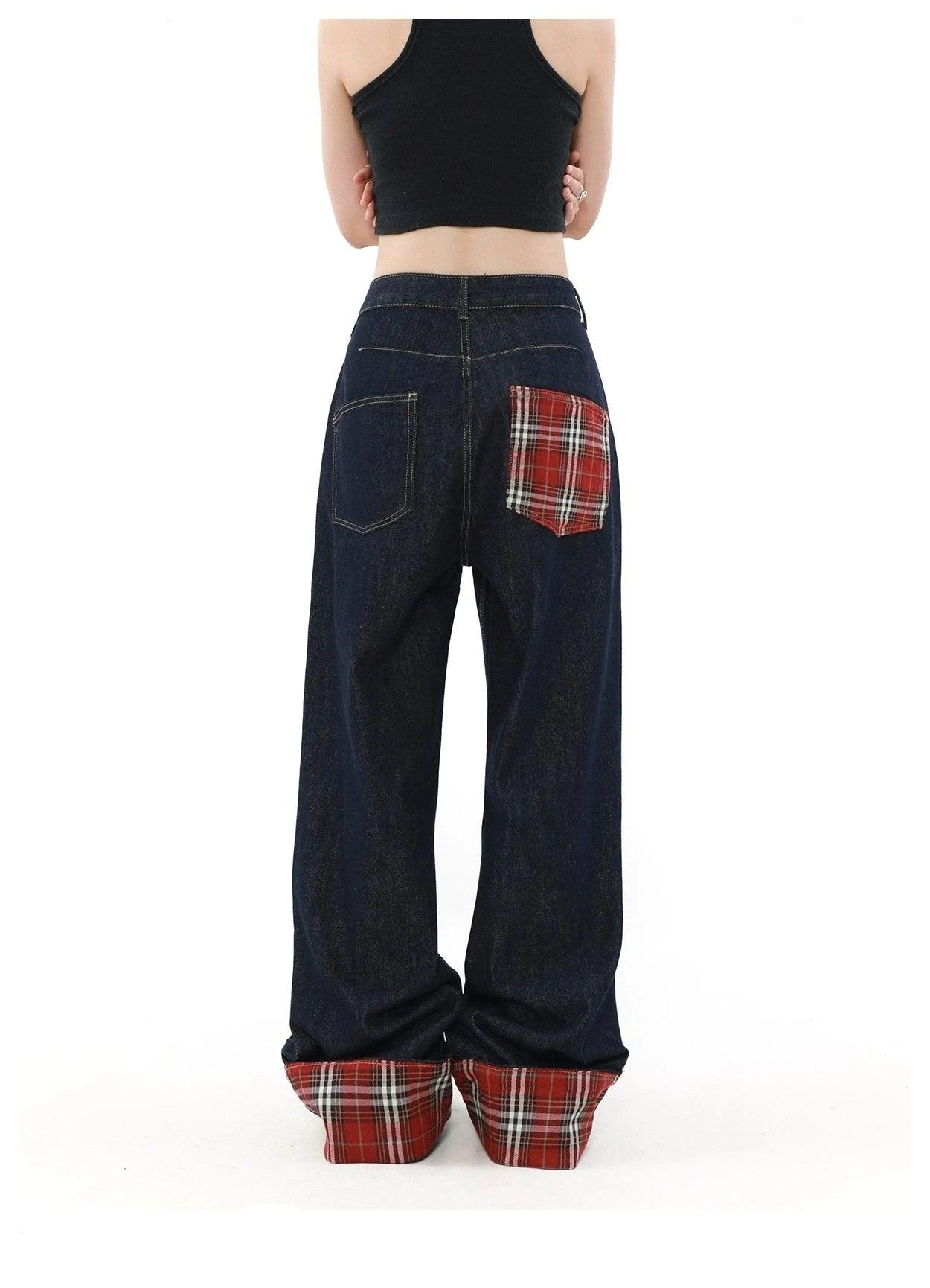 Jeans anchos de la pierna con fastidio a cuadros de mrnearly: mezclilla clásica unisex con un toque