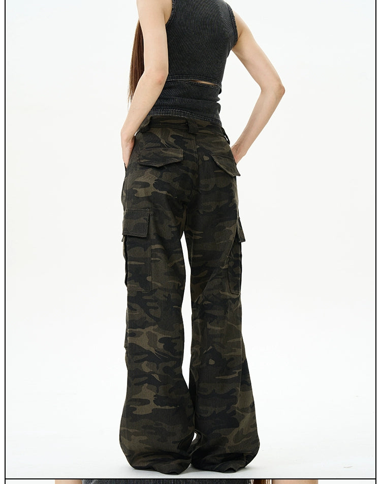 Camo Print Wide-Leg Multi-Pocket Cargo Pants