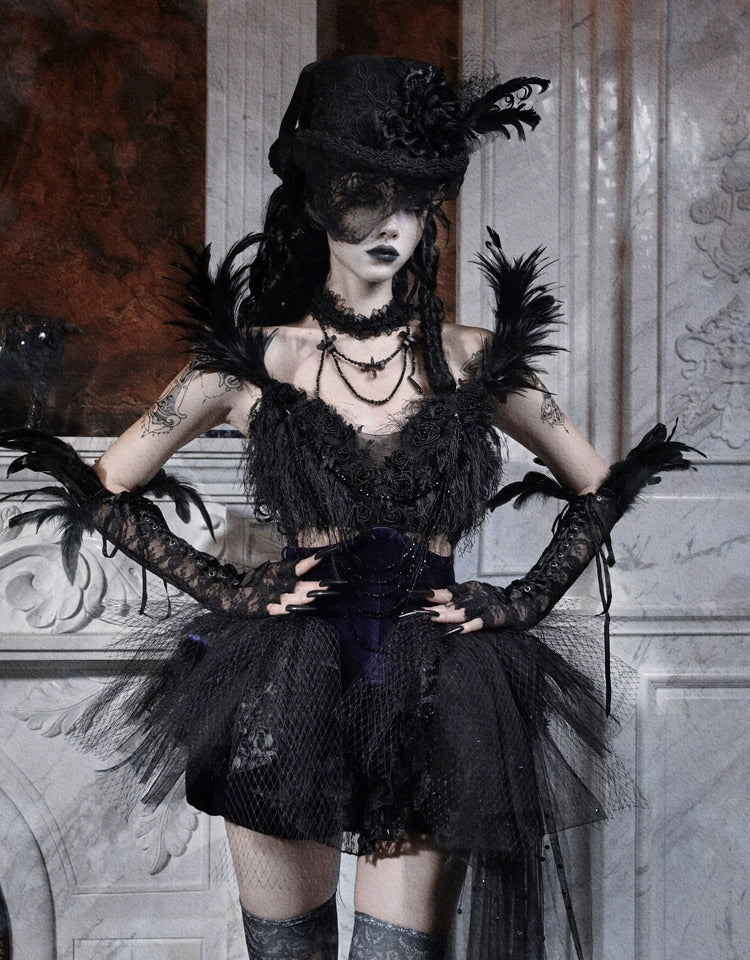 Gothic Black Swan Feather Tulle Corset Top