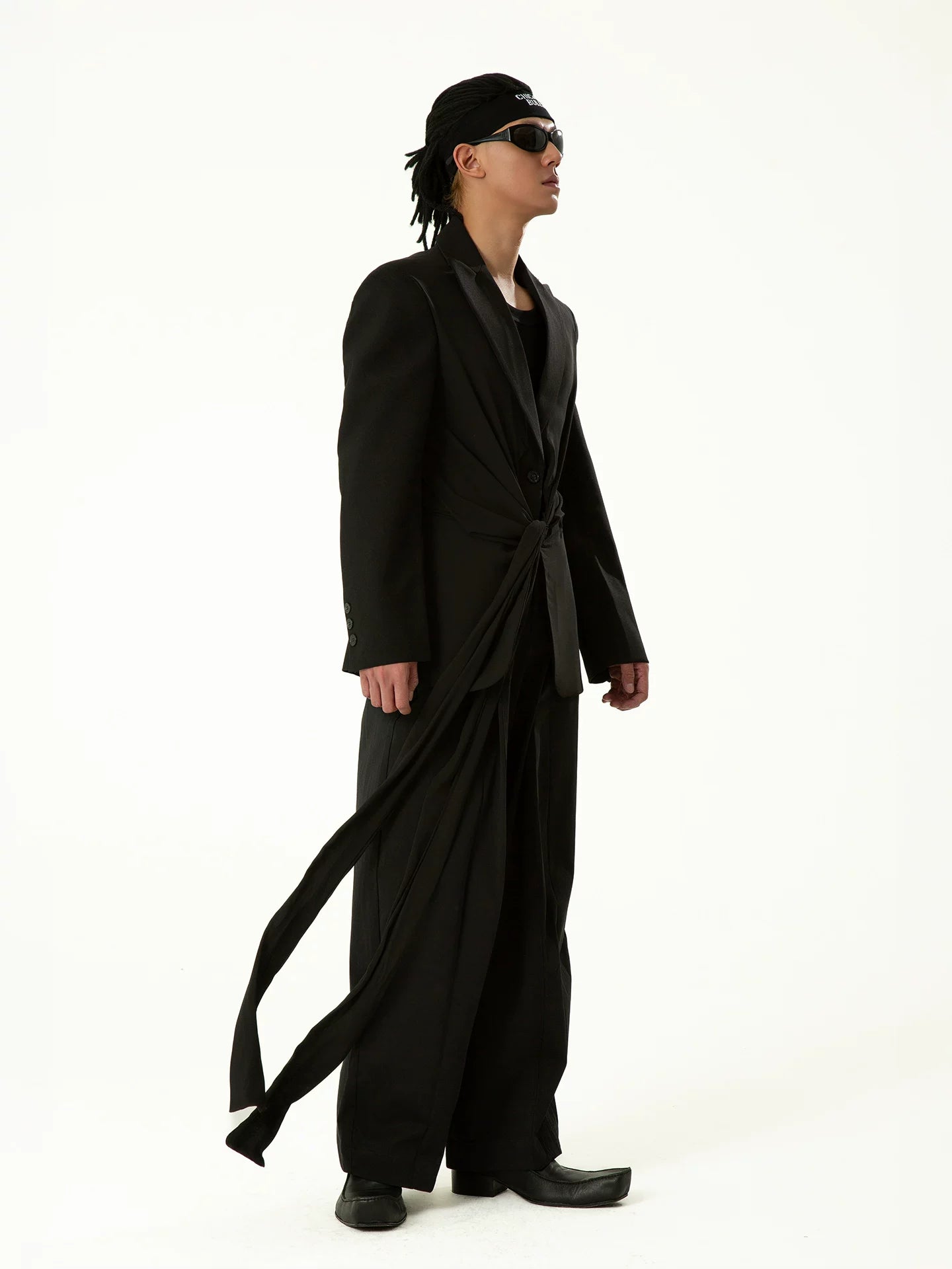 Draped Noir Tie-Front Blazer Coat