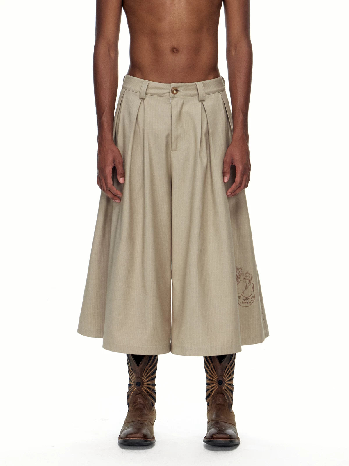 Language Blade Pleated Cropped Trousers - khaki front view