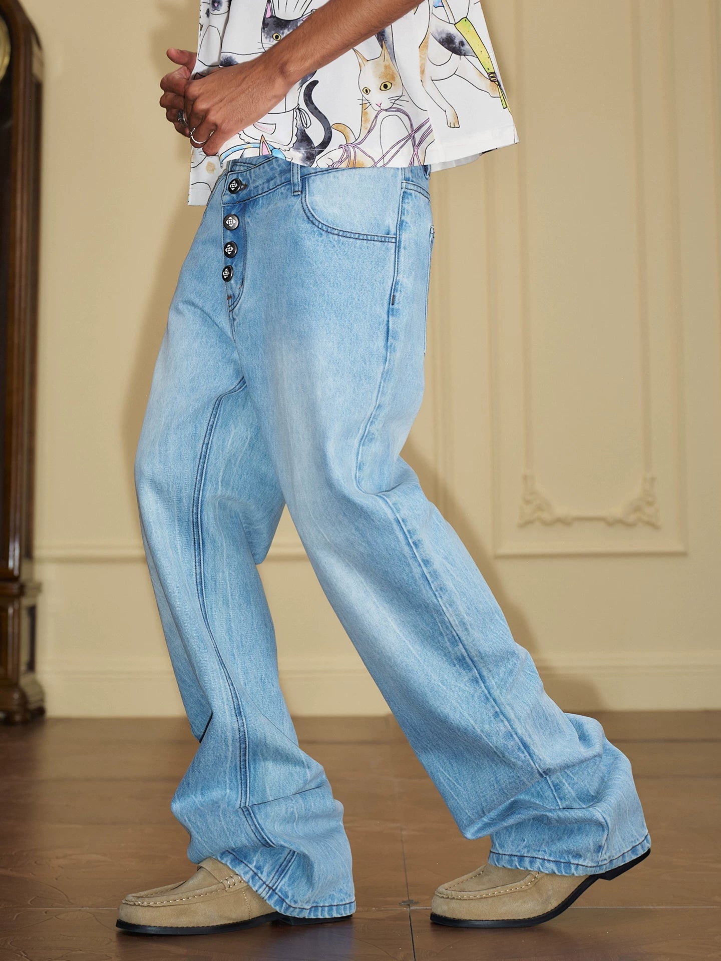 Washed Asymmetric Waist Wide-Leg Jeans