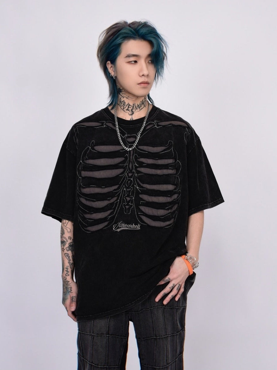 Skeleton Rippcage Mesh Cutout übergroßes T-Shirt