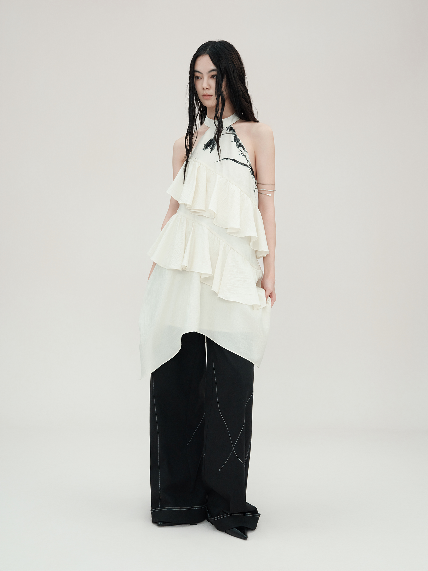 Black Contrast Stitch Wide Leg Pants