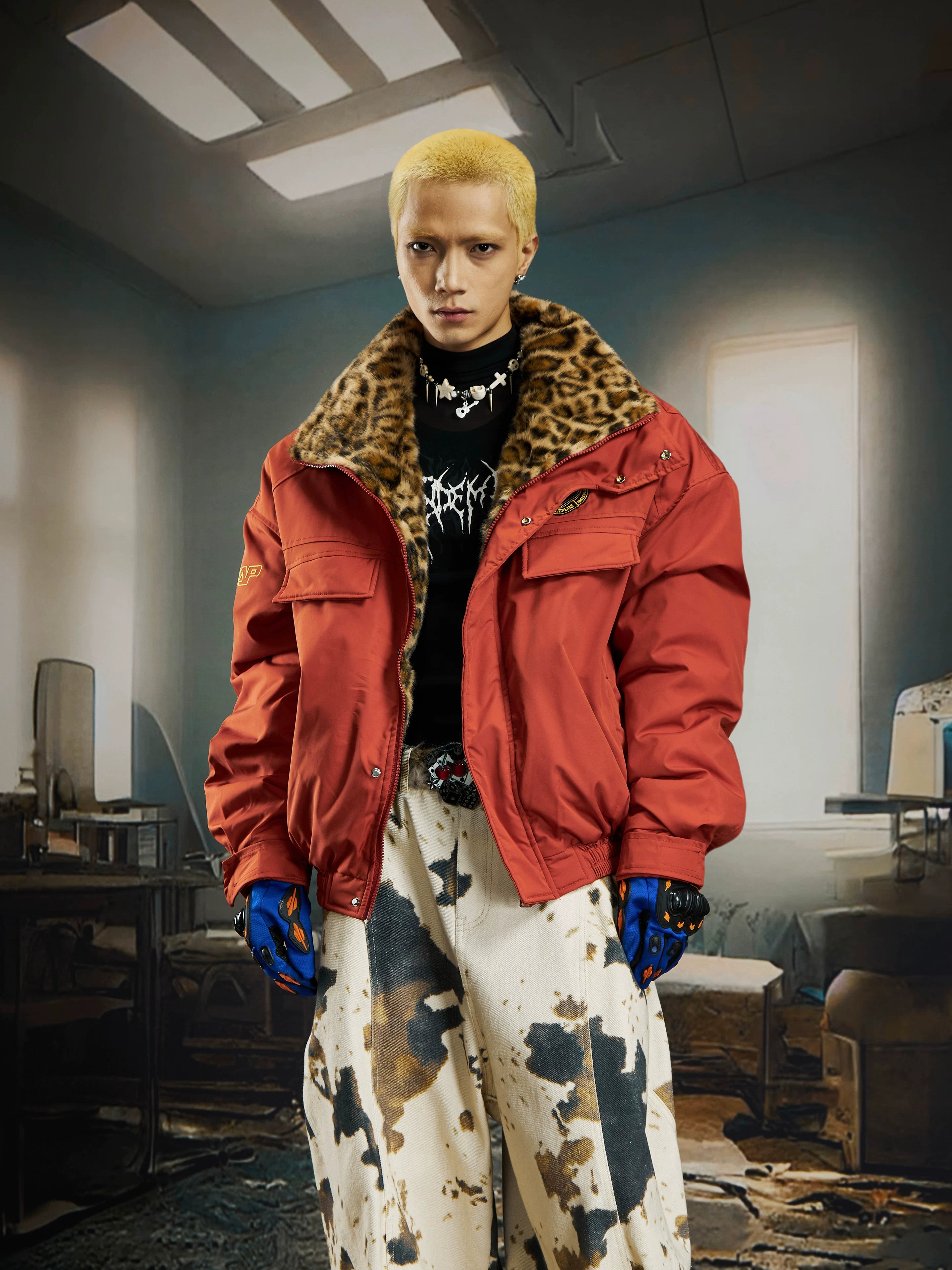 Ember Prowl Leopard‑Collar Bomber Jacket