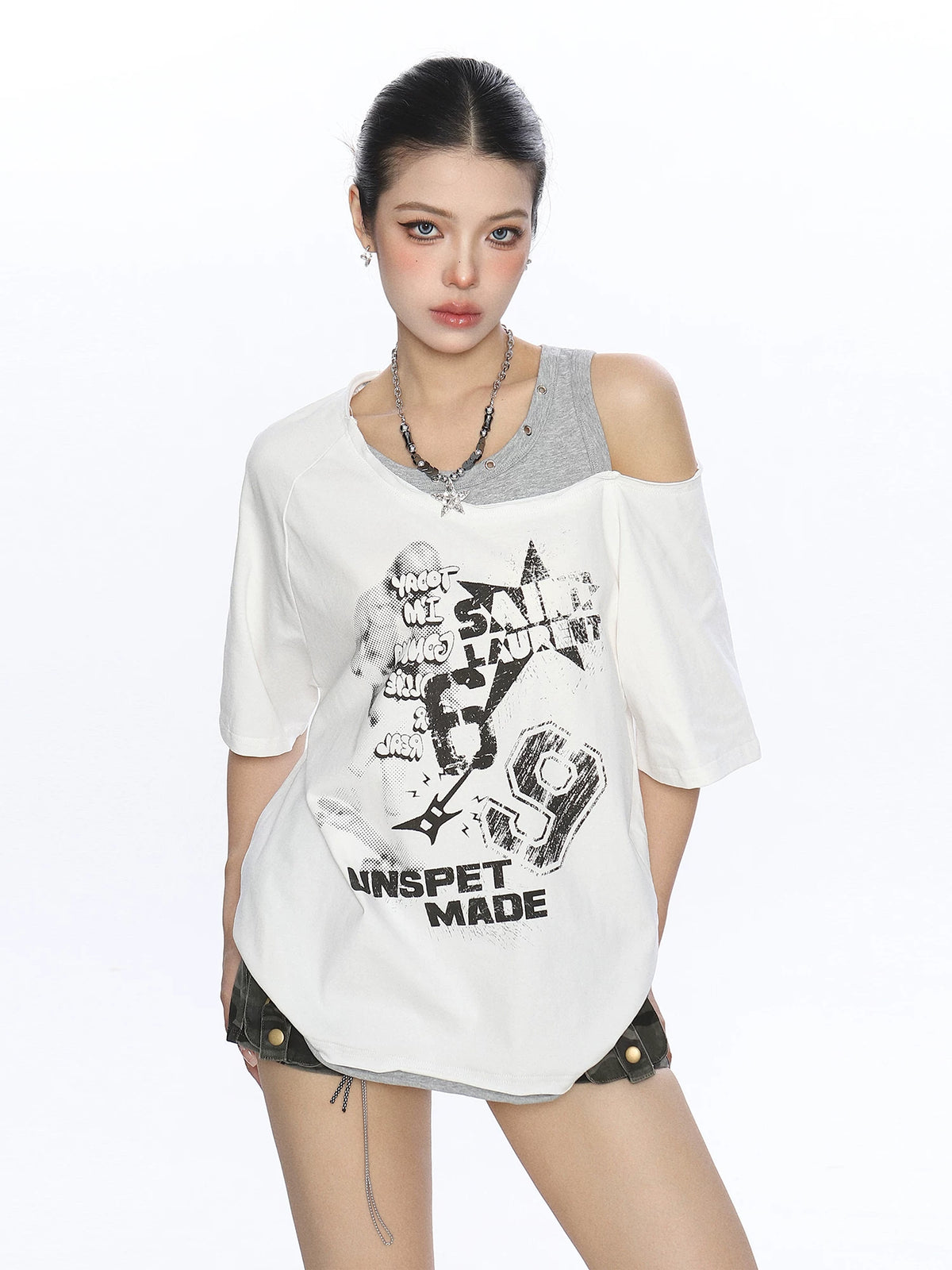 Rebel Static Layered Off-Shoulder Graphic Tee