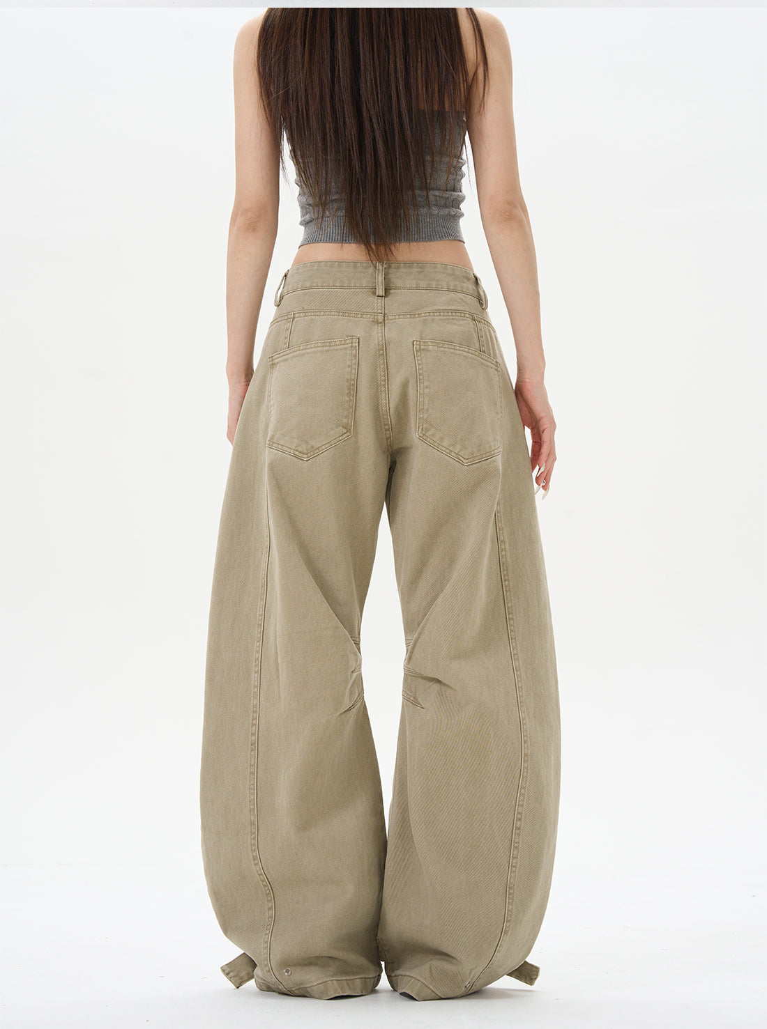 Khaki High-Waist Wide-Leg Canvas Pants