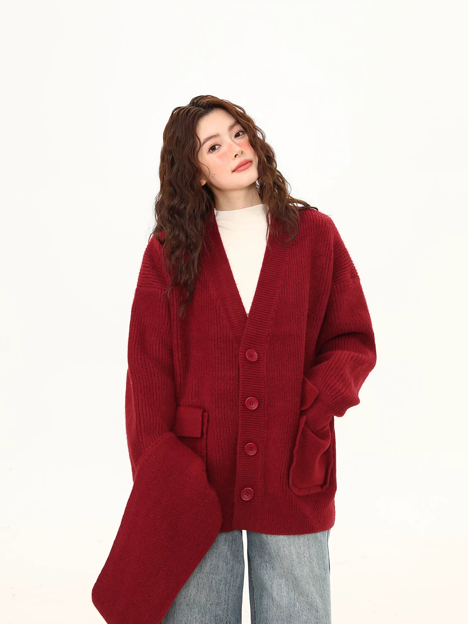 Crimson Cocoon Knit Scarf-Cardigan