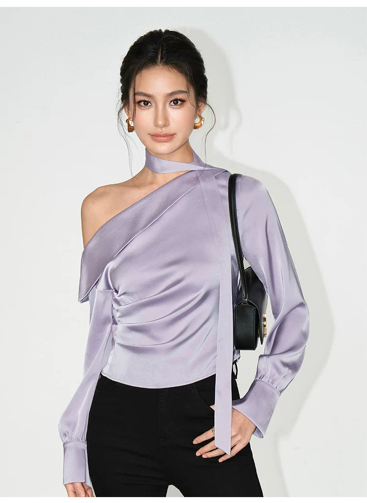 Asymmetric Choker Satin Ruched Blouse