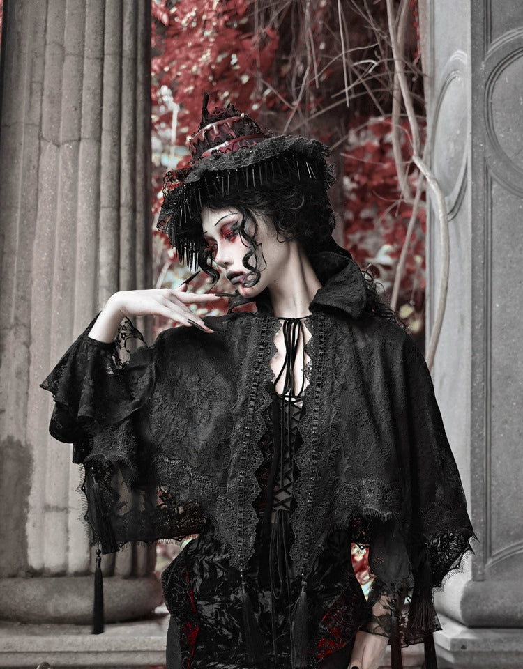 Gothic Lace High Collar Cape with Tassels