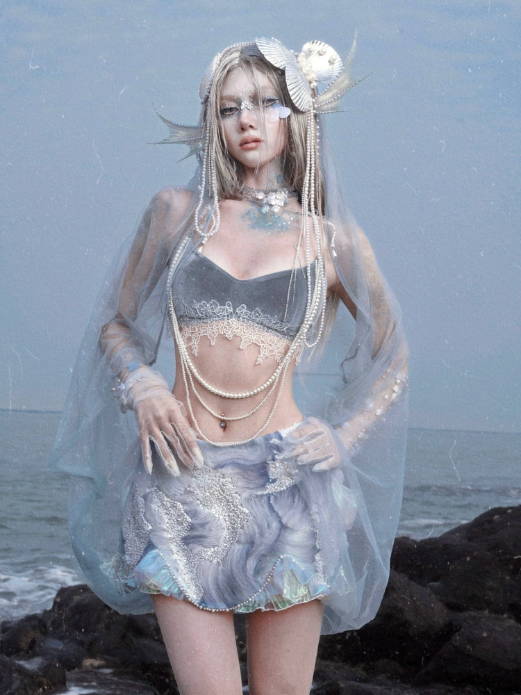 Mermaid Velvet Pearl Lace Suspenders