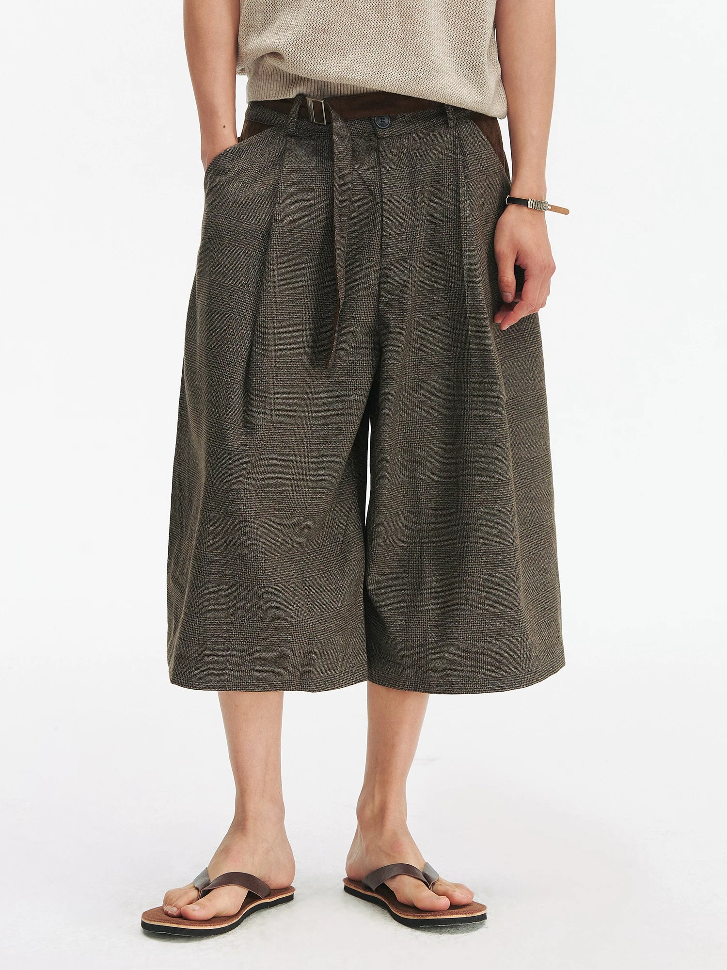 Pleated Cropped Wide-Leg Pants with Belt Detail