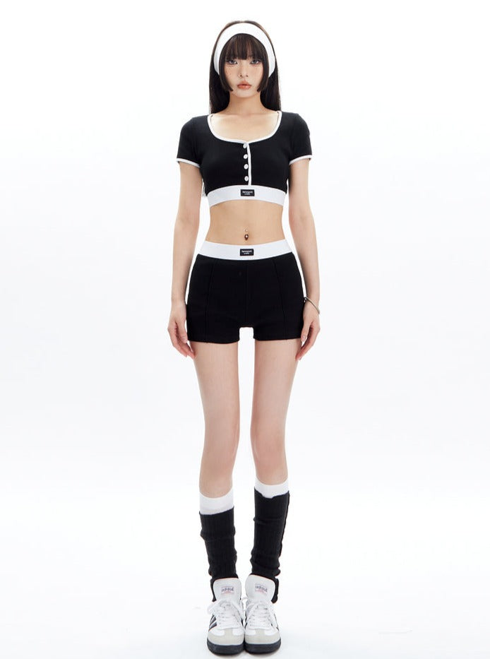 Black and White Contrast Trim Crop Top and Shorts Set