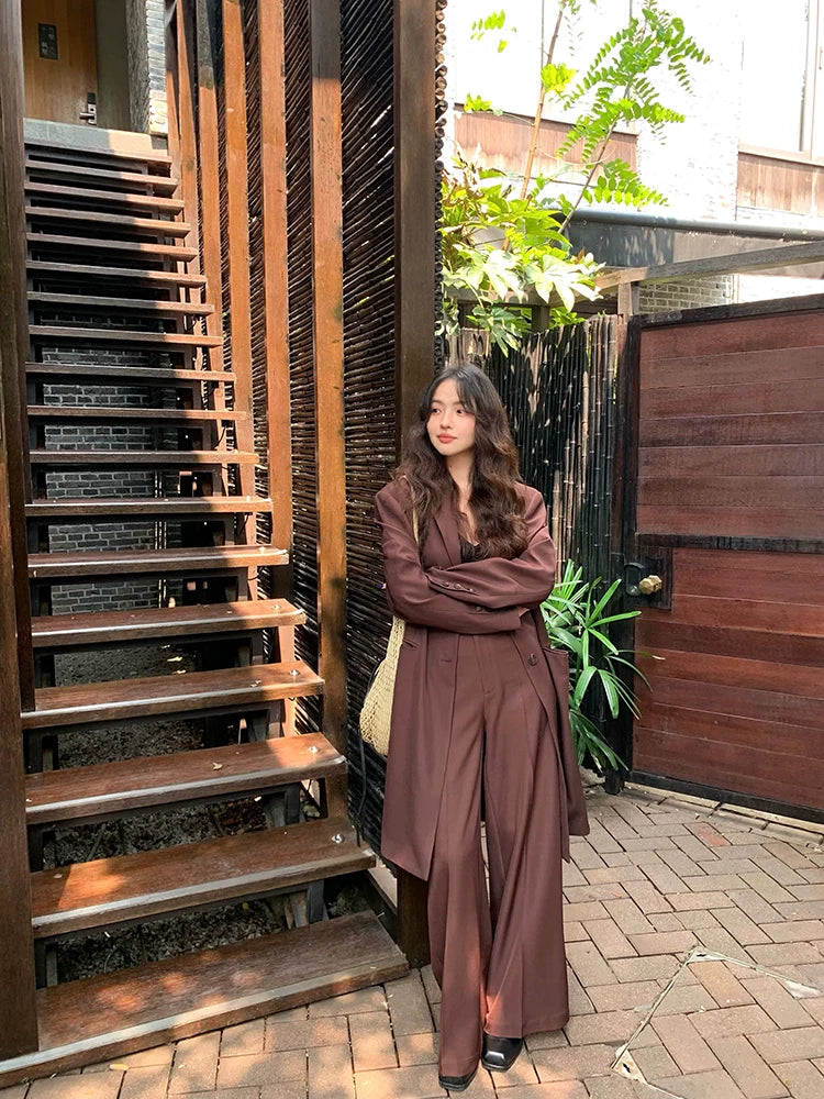 Relaxed-Fit Mid-Length Chocolate Oversized Blazer