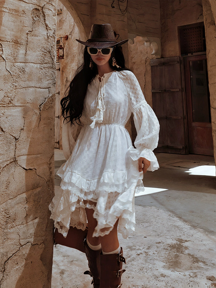 White Ruffle Long Sleeve Dress