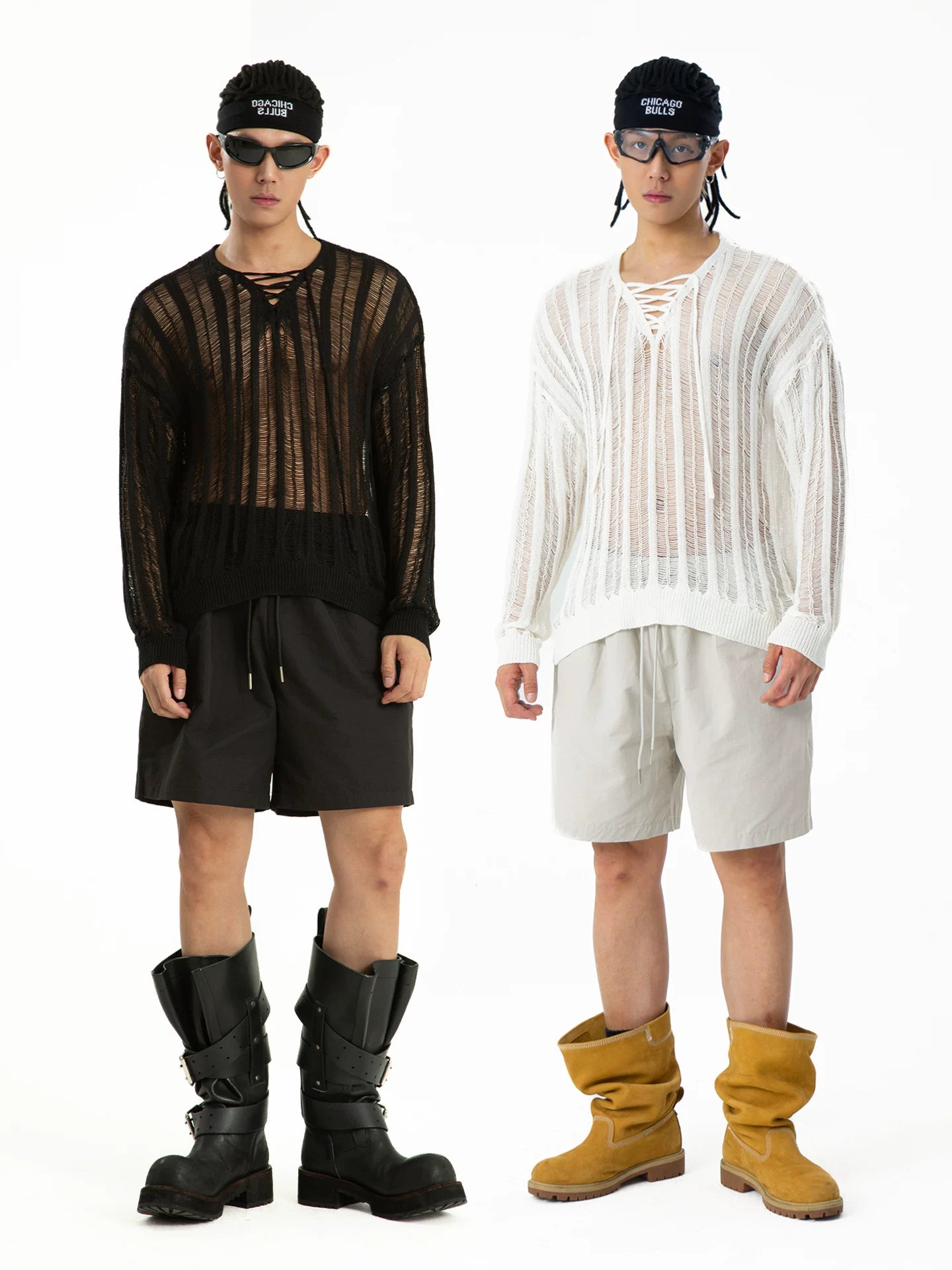 Mesh Rift Lace-Up Sheer Knit Sweater