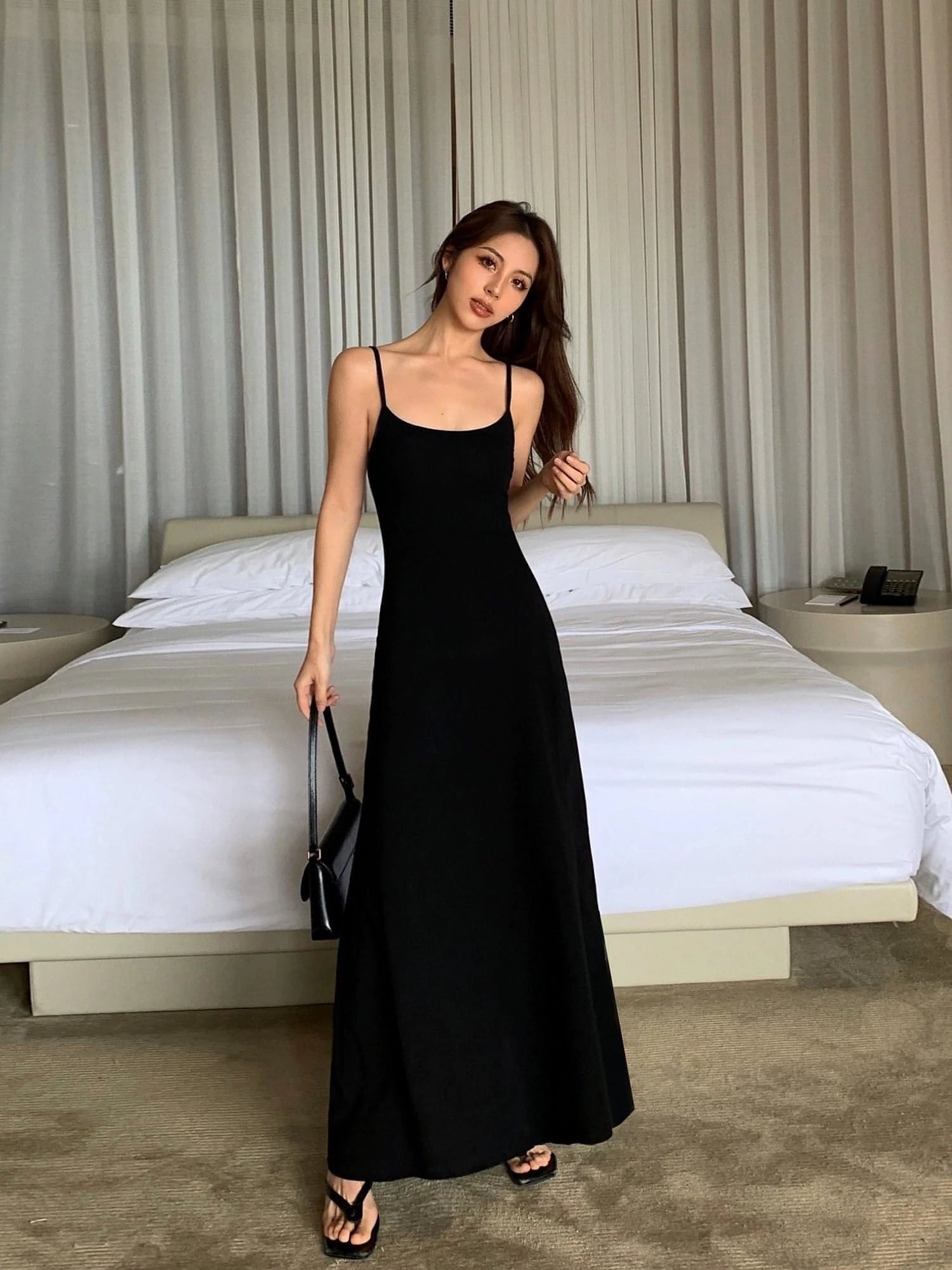 Summer Black Slimming Spaghetti Strap Maxi Dress exclusive at chiclara