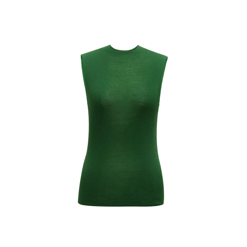 French Semi-High Neck Wool Knit Seamless Blue Tank Top - chiclara