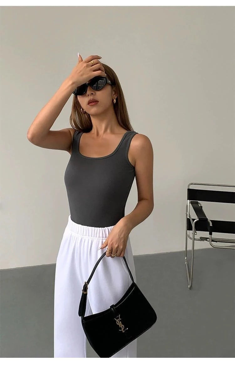 Summer Collection - Black Knitted Square Neck Camisole Top - chiclara
