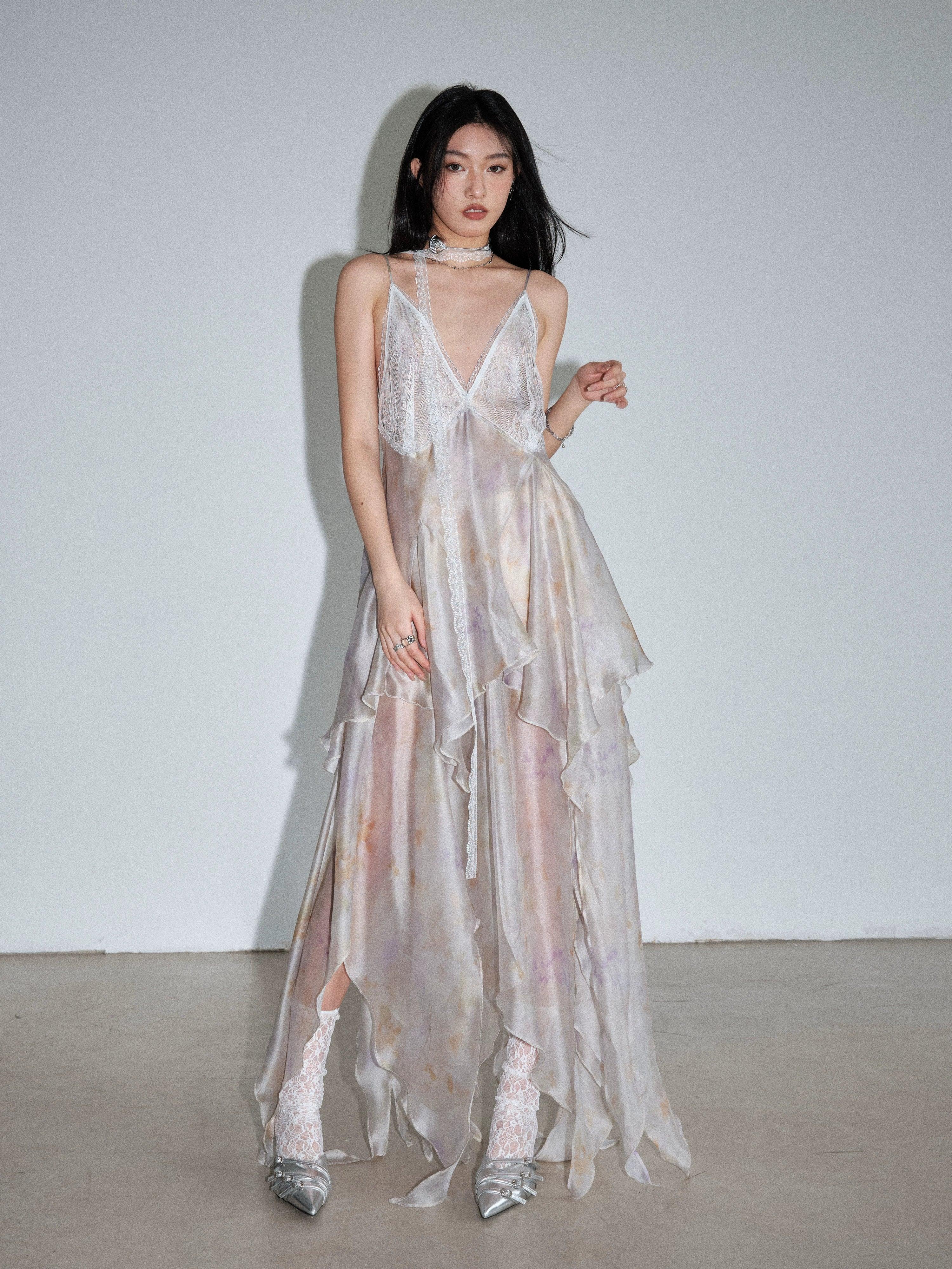 Jnylon Studio Ethereal Fairy Slip Robe - Femme en mousseline de mousseline en ivoire pour femmes avec mouchoir Hem